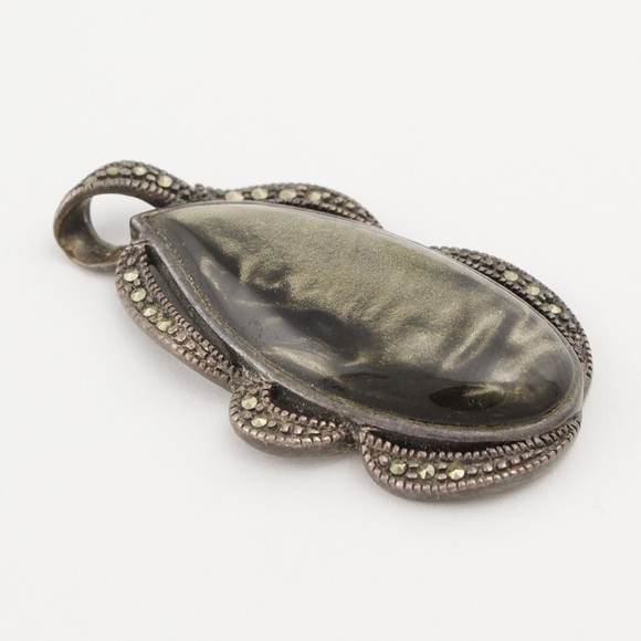 Vintage Golden Sheen Obsidian & Marcasite Sterling Silver Necklace Pendant - Picture 2 of 5